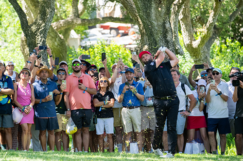 personas mirando a un golfista en acción